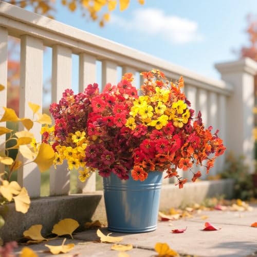 16 Bundles Artificial Fall Mums UV Resistant Flowers Outdoor Autumn Decor (Coffee Mix)