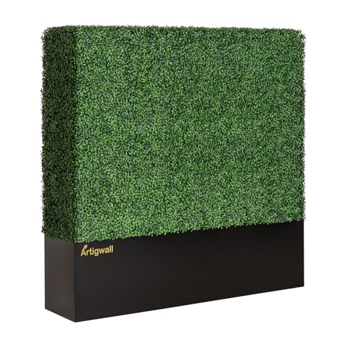 Artificial Boxwood Hedge Wall with Black Steel Planter Box (60" L X 64" H X 14" D)