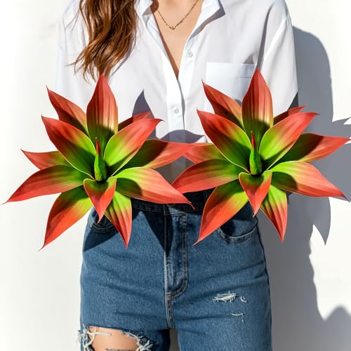 2-Pack 13-Inch Artificial Agave Plants for Outdoor Planters, UV Resistant Fake Agave Plants, Faux Succulent Greenery for Porch, Patio, Garden, Entryway and Indoor Home Decor, Red (Agave12-re2)