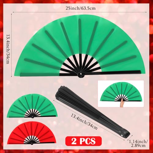2 Packs Large Folding Hand Fans (Red and Green)