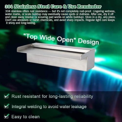 12" Stainless Steel Waterfall Pool Fountain with SMD LED 7 Color Changing and Remote (12 Inch)