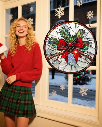 Christmas Pine Bow Stained Glass Window Hanging Suncatcher Gifts Decor 7.8" (Red and Green / 7.8x7.8 IN)