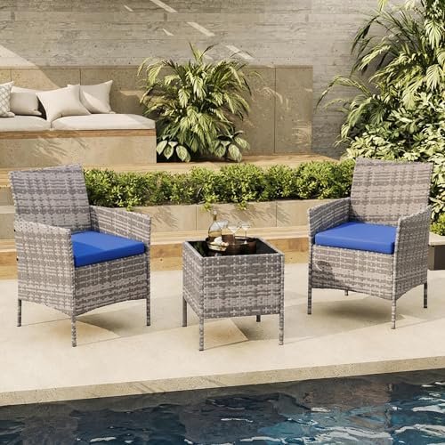 3 Piece Patio Conversation Bistro Set (Grey/Blue / 3 Pieces)