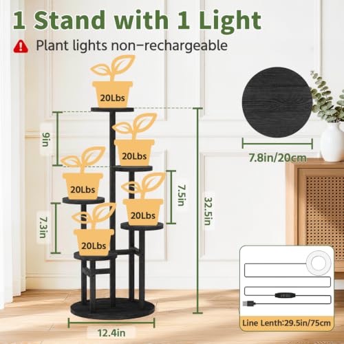 Wood Small Plant Stand Table Indoor Tall with Lights (Natural Black with Light / 5 Tier)