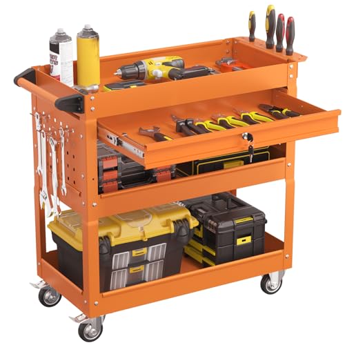 3 Tier Heavy Duty Rolling Tool Cart with Drawers (Orange)