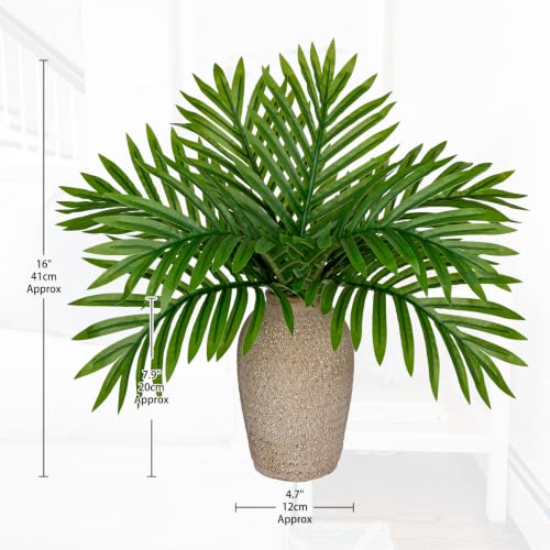 Fake Plants 15" Faux Palm Plant in a Vintage Ceramic Vase Realistic Leaves (Palm Plant)