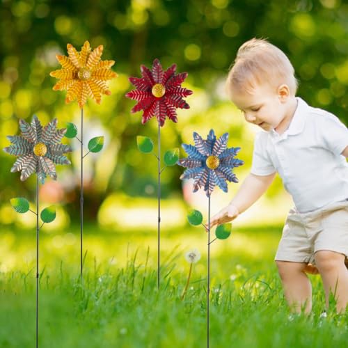 4 Packs Flowers Wind Spinners Outdoor (Flowers-vibrant)