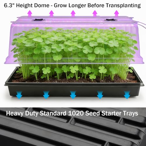4 Pack 1020 Seed Starter Tray with Grow Light & 6.3" Tall Humidity Dome (4p 1020Trays+6.3''Domes+Lights)
