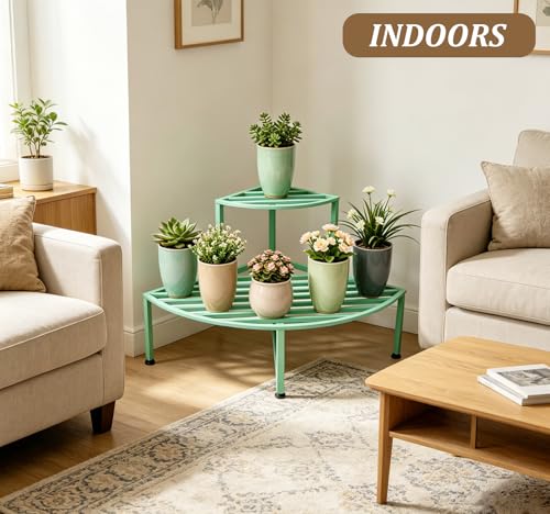 2 Tier Corner Plant Stand Outdoor Metal (Corner-Mint Green)