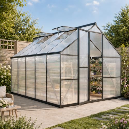 8x10 FT Outdoor Greenhouse with Roof Vent (Charcoal Black / 8×10FT)