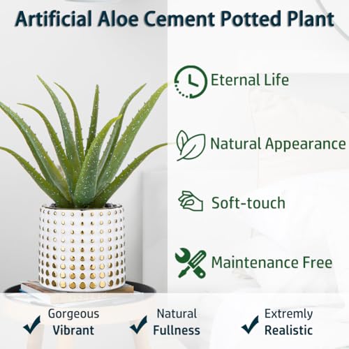Artificial Succulent Aloe Plants 14.2 Inch Large Faux Succulents with Ceramic Pot Fake Aloe Potted Plant for Home Indoor Bathroom Table Bedroom Shelf Office Decor (Gold-15")