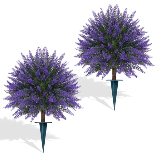 24" Set of 2 Artificial Lavender Topiary Bushes with Ground Spike (New Lavender)