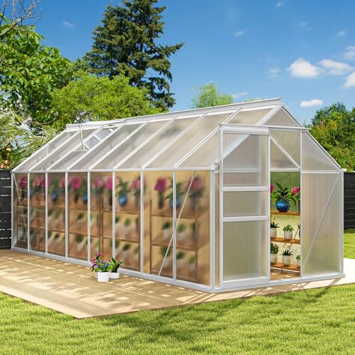 6x16FT Polycarbonate Greenhouse Heavy Duty Green Houses Outdoor Aluminum Greenhouses with Sliding Doors Vent Window Walk (Silver / 6x16FT)