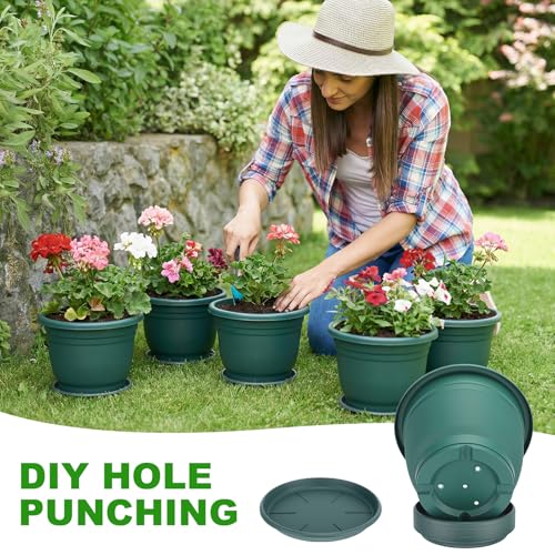 12 Pcs 10'' Plastic Plant Pots Round Planter Pots with Saucer Tray Seedling Pot Hole Seed Resin Plant Pot Starting Nursery Flower Container with Pallet for Garden Outdoor Indoor (Green / 10'')