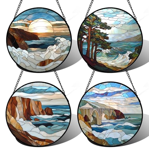 Stained Glass Window Hanging 4 Pcs Set Ocean Waves 6.3" (4-piece Set: Bblue Waves / 6.3x6.3 IN)