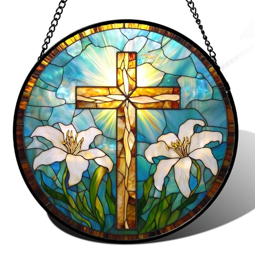 Cross with White Lilies Stained Glass Window Hanging Suncatcher Gifts 6.3" (Blue and Brown / 6.3x6.3 IN)