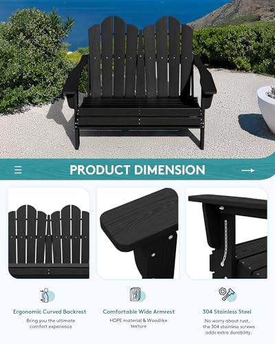 4 Pc HDPE Adirondack Set (Black / 2 chair &1 bench &1 coffee table)