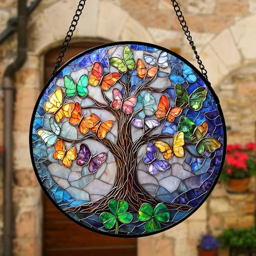 Butterfly Tree of Life Stained Glass Window Hanging Suncatcher Gifts 9.8" (Colorful / 9.8x9.8 IN)