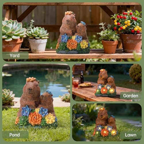 Solar Capybara Garden Statue with Flower LED Lights (Multicolor - Capybara-parentchild)