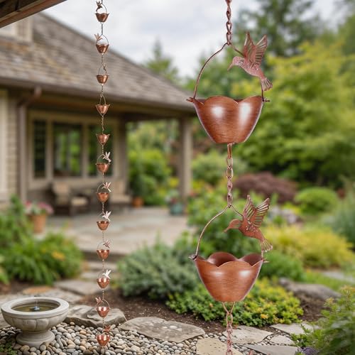 Rain Chain for Gutters (Flower Cups with Hummingbird)
