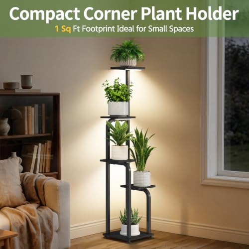Plant Stand Shelf Tall for Indoor Corner with Lights (pitch black / 5 Tier)
