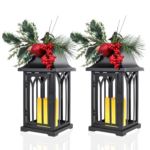 15 Inch Black Christmas Lanterns Set of 2 with LED Flameless Candles