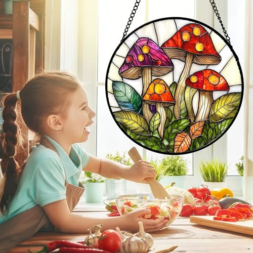 Mushroom Leaves Stained Glass Window Hanging Suncatcher Gifts 12"