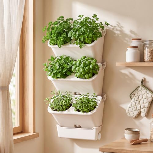 3 Set 6 Pocket Vertical Stackable Wall Planters Kit Outdoor Self Watering Plastic Planter Grow Hang Mount System for Strawberry Flower Vegetable Home Fence Balcony Wall Decor (White)