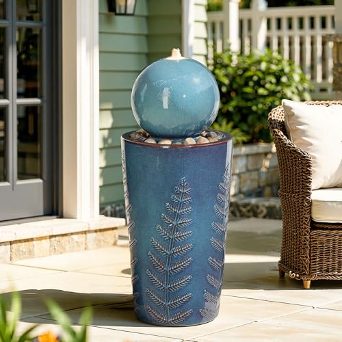 29.5" H Ceramic Sphere Water Fountain with LED Light (Blue Glaze Pebbles Teal 29.5"h-sphere)