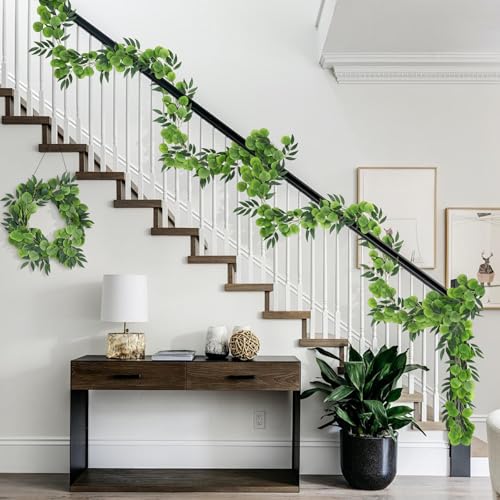 Artificial Silk Eucalyptus Vine Garland with Willow Leaves 2P 6Ft (Eucalyptus Leaf Dark Green)