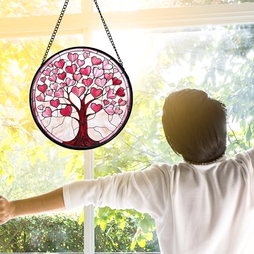 Pink Heart Tree Stained Glass Window Hanging Suncatcher Gifts Decor 12"