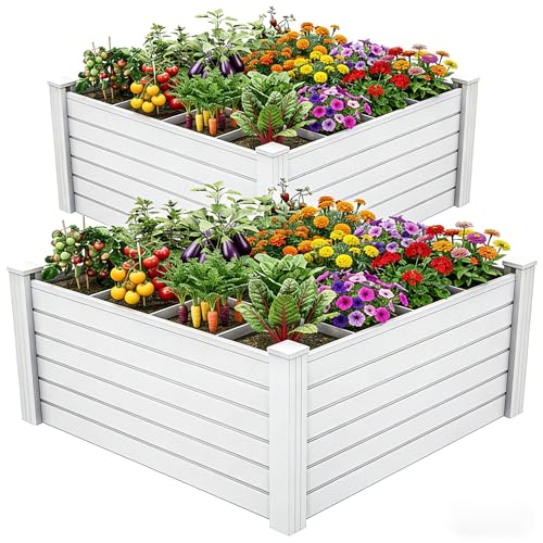 48x48x24 in Plastic Raised Garden Bed 2pcs with Growth Grid (White / 48x48x24 in)