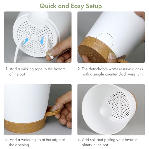 7/6.5/6/5.5/5/4 inch Self Watering Pots for Indoor Outdoor Plants, 6 Pack Plastic Flower Planters with Drainage Holes and Removable Saucers, Plant Pots with Wicking Rope, White Brown (6 Count)