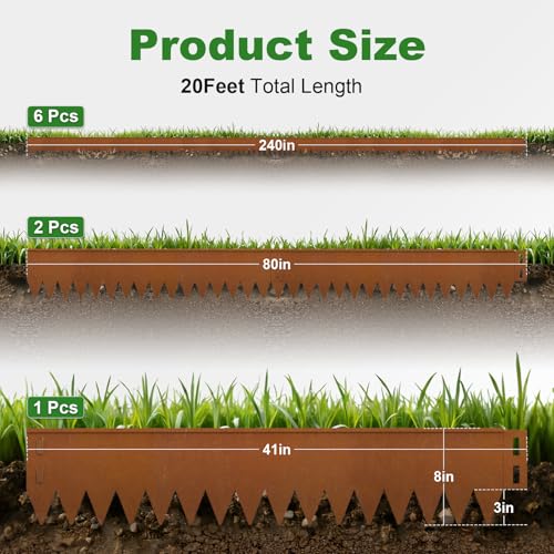 Cor Ten Steel Landscape Edging Kit 20FT (Rusty / 8 Inch x 20Ft.)