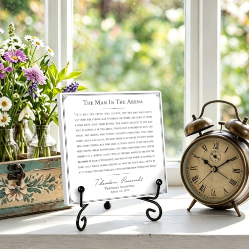 Man in the Arena Quote for Home Office Book Shelf Table Decor 6.3x6.3 Inch (Multicolor 1720 / Wooden sign with iron frame（6.3 x 6.3 inches）)