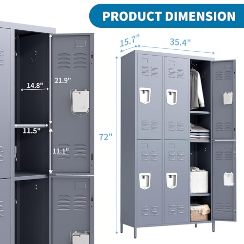6 Doors Metal Lockers for Employees 72" H Storage Cabinet Lockable Locker with Shelves Steel Storage Locker for Gym School Office Home Requires Assembly (6 doors-72" / Grey)