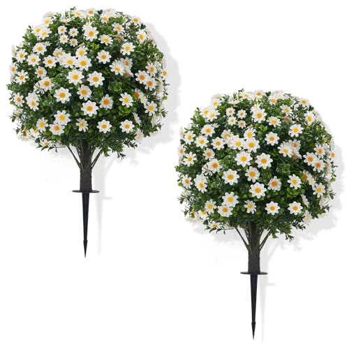 2 Pack Artificial Boxwood Topiary White Mum Flowers 24 UV Resistant Outdoor (Boxwood-daisy)