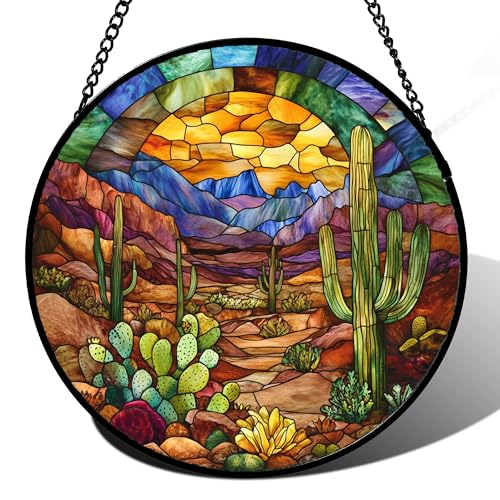 Desert Cactus Canyon Stained Glass Window Hanging Suncatcher Gifts 6.3" (Brown / 6.3x6.3 IN)