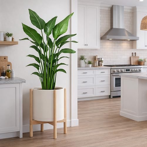 Plastic Pot with Natural Wood Stand (Oatmeal Pot + Natural Stand / 12 Inch)