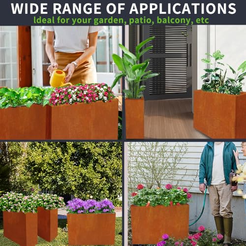 Metal Tall Long Planter Box Large Rectangular Planter Flower Pot with Drainage Holes for Indoor Outdoor Deck Porch Garden Home Patio Front Door (Rusty Orange / Small)