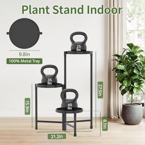Plant Stand Indoor with 10 Inch Large Metal Tray (Solid Black / 3 Tier)