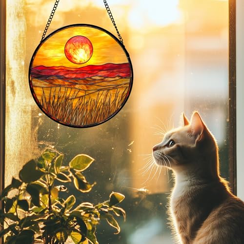 Stained Glass Window Hanging 4 Pcs Set Desert Sunset Theme Landscape Large 11.8" (4-piece Set Yellow-brown / 11.8x11.8 IN)