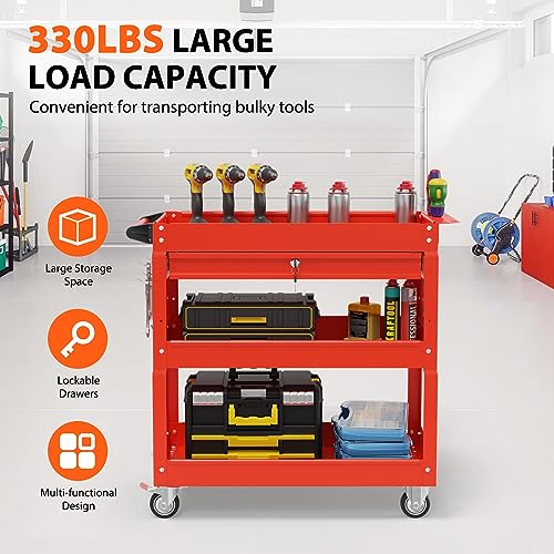 3 Tier Heavy Duty Rolling Tool Cart with Drawers (Red)