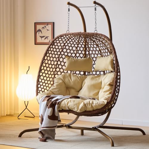 Double Swing Egg Chair with Stand (Double Seat-bronze Frame + Beige Cushion)