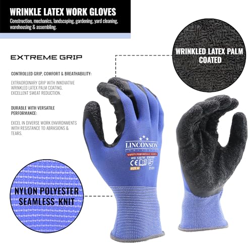 12 Pack Safety Performance Series Construction Mechanics Wrinkle Latex Work Gloves (Small (120 Pairs) / Blue)
