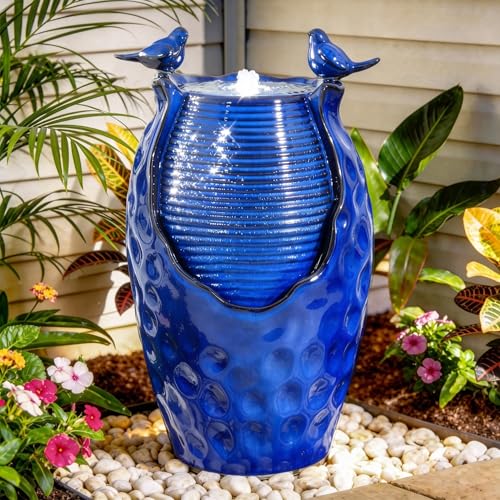 23.5" H Ceramic Jar Outdoor Fountain (Blue Glazepot Cobalt 23.5"h-honeycomb)