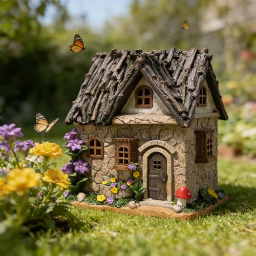 Enchanted Fairy Garden Cottage with Twig Roof & Floral Accents (Enchanted Fairy Cottage)