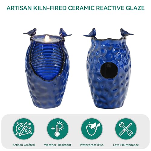 Autodaya 25" Ceramic Jar Outdoor Water Fountain with Hammered Texture (23.5"h-honeycomb Pot Cobalt Blue Glaze)
