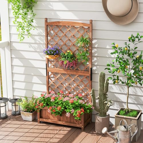 Raised Garden Bed with Trellis Set of 2 (Brown / 28"Lx13"Wx60"H)