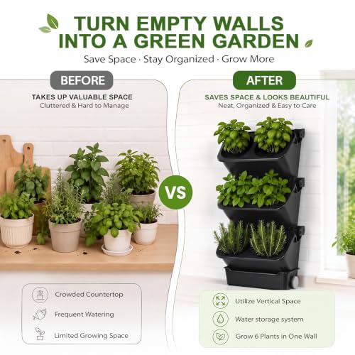 3 Set 6 Pocket Vertical Stackable Wall Planters Kit Outdoor Self Watering Plastic Planter Grow Hang Mount System for Strawberry Flower Vegetable Home Fence Balcony Wall Decor (Black)